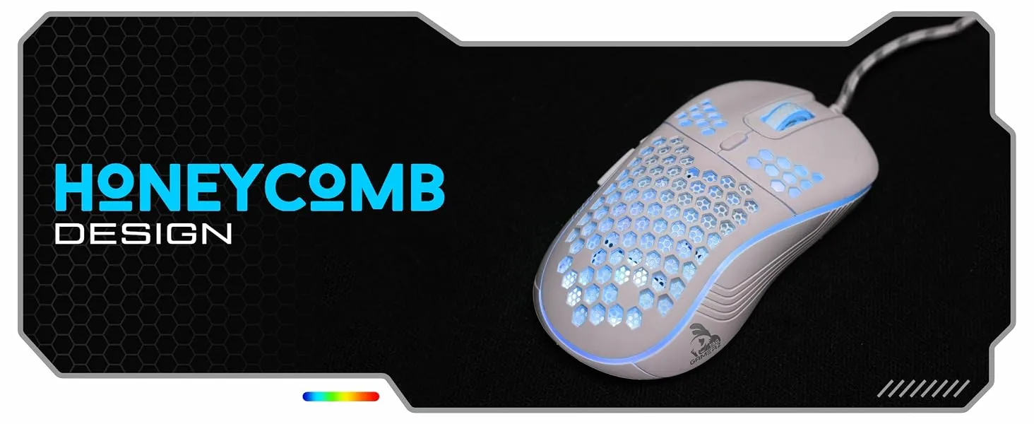 TAG Gamerz Fusion RGB Gaming Mouse White USB Wired, Honeycomb Design, 4800 DPI Optical Sensor, 6 Buttons, 3 Million Clicks, 7 RGB Lighting Effects, 1.5m Braided Cable, for Windows Mac Linux PC Laptop overview 3