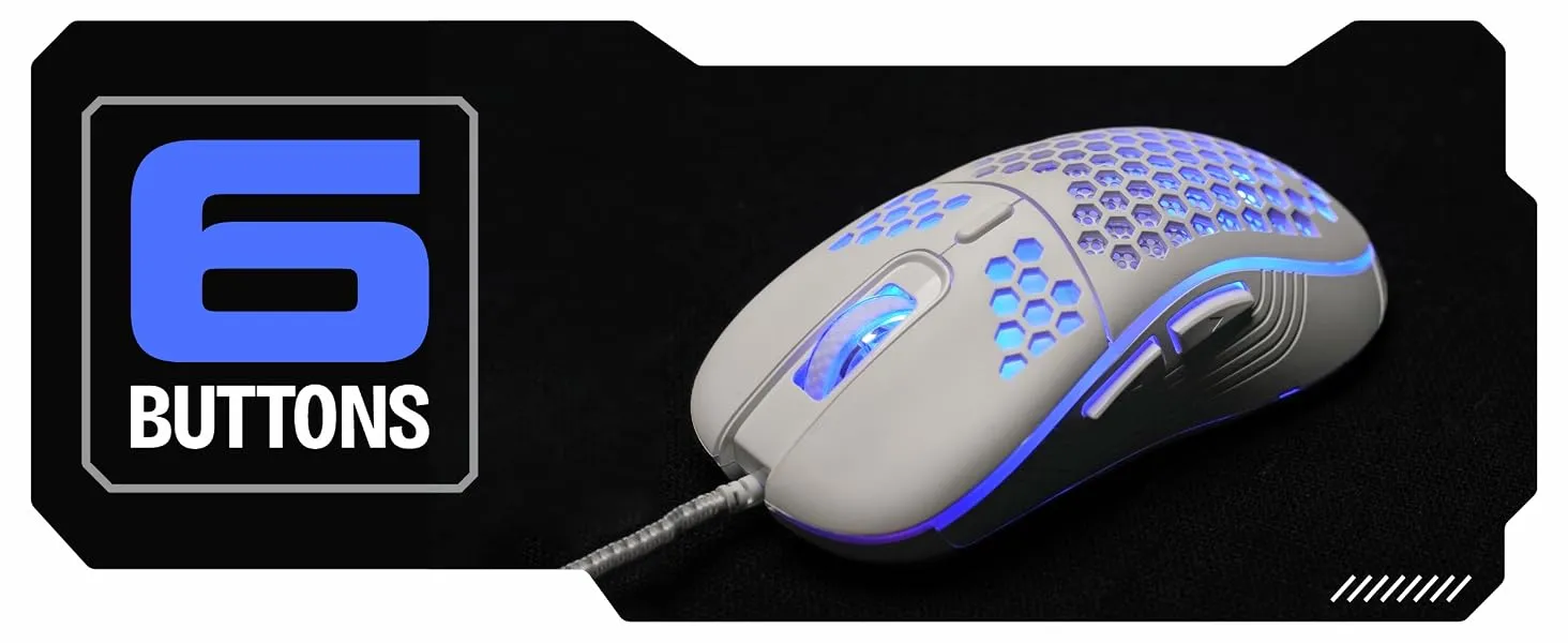 TAG Gamerz Fusion RGB Gaming Mouse White USB Wired, Honeycomb Design, 4800 DPI Optical Sensor, 6 Buttons, 3 Million Clicks, 7 RGB Lighting Effects, 1.5m Braided Cable, for Windows Mac Linux PC Laptop overview 5