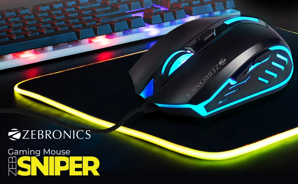 ZEBRONICS Sniper High Precision Wired Gaming Mouse with 6 Buttons, Multicolor LED Lights, DPI Switch with 800/1200/1600/2400 DPI’s, Plug & Play, 1 Million Clicks, 87 Grams Light Mouse overview 1