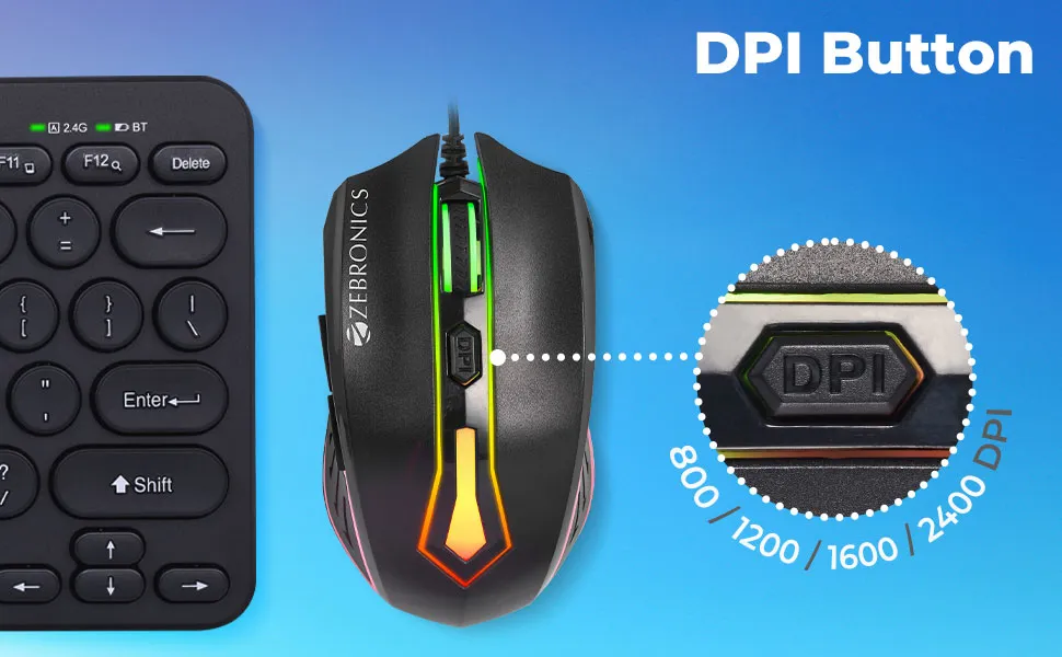 ZEBRONICS Sniper High Precision Wired Gaming Mouse with 6 Buttons, Multicolor LED Lights, DPI Switch with 800/1200/1600/2400 DPI’s, Plug & Play, 1 Million Clicks, 87 Grams Light Mouse overview 3