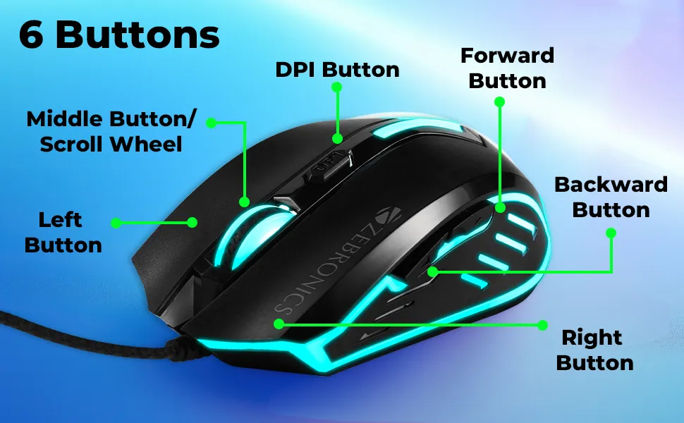 ZEBRONICS Sniper High Precision Wired Gaming Mouse with 6 Buttons, Multicolor LED Lights, DPI Switch with 800/1200/1600/2400 DPI’s, Plug & Play, 1 Million Clicks, 87 Grams Light Mouse overview 5