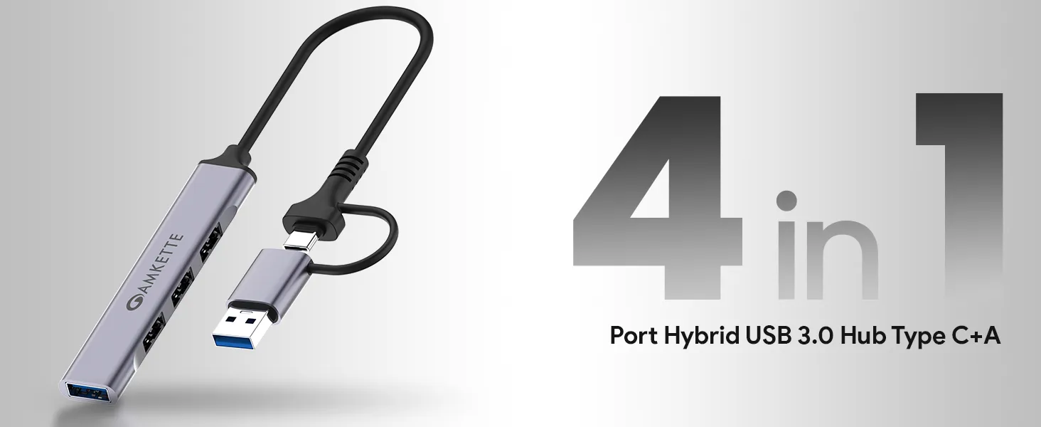 Amkette 4 Port Hybrid USB 3.0 Hub Type C+A - (Grey) overview 1