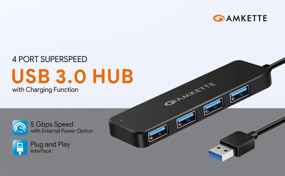 Amkette 4 Port Superspeed USB Hub 3.0 for PC & Laptops (Black) overview 1
