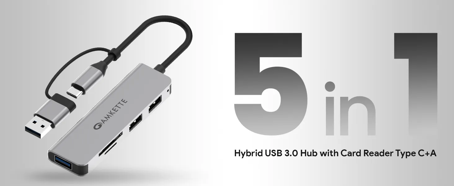Amkette Type A+C 5 in 1 USB 3.0 Hub - (Grey) overview 1