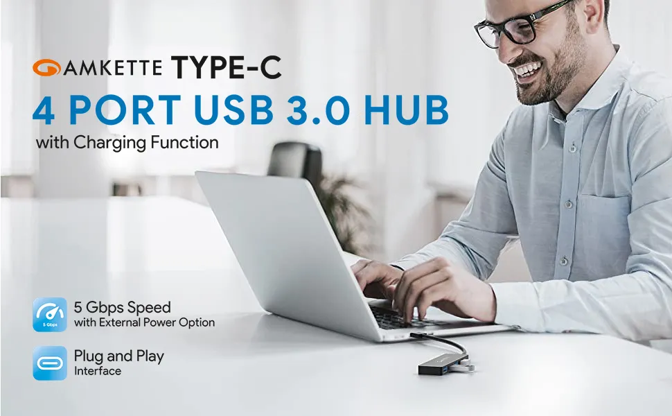 Amkette Type-C 4 Port True USB 3.0 Hub for Laptop, MacBook, chromebooks, Tablets & Smartphones (Black) overview 1