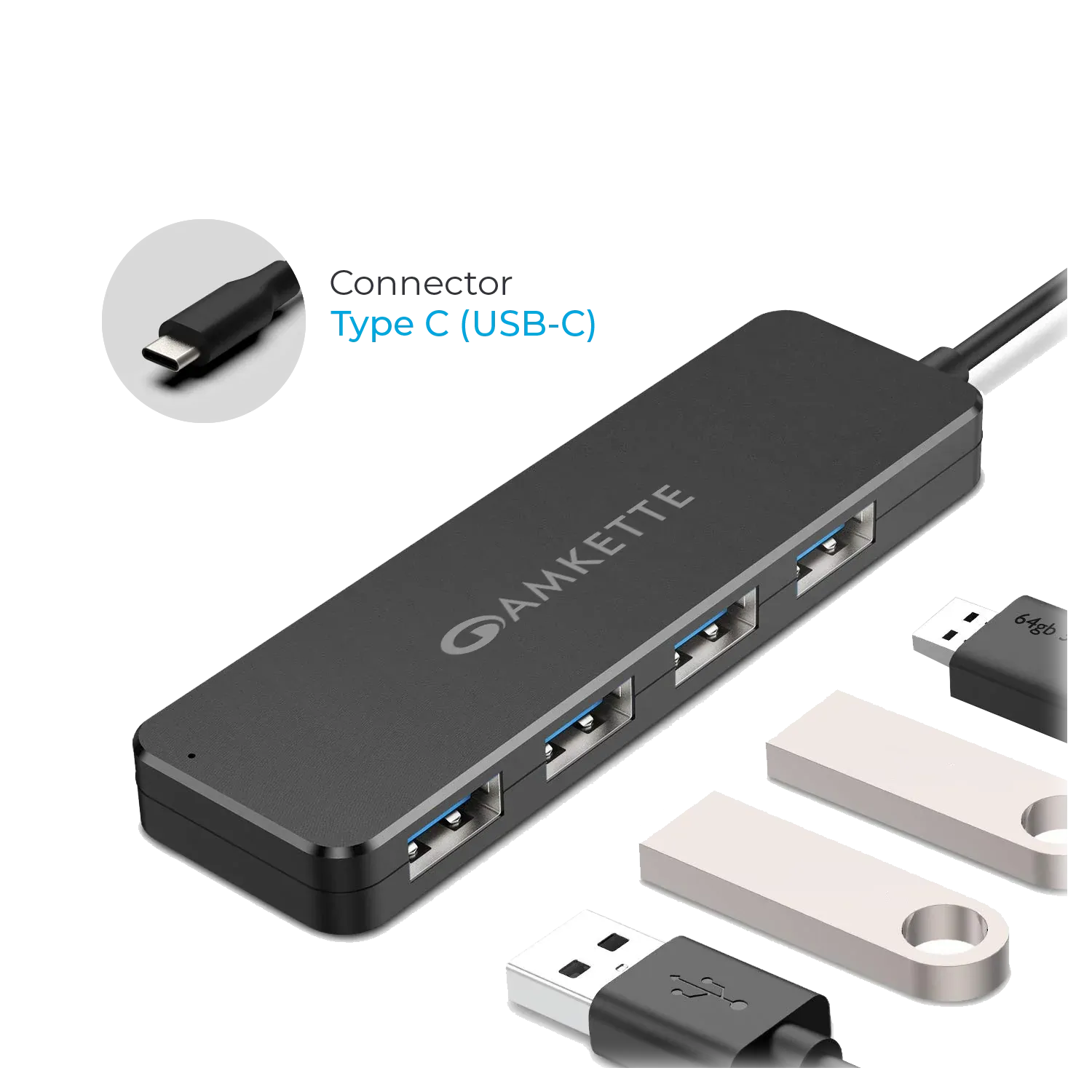 Amkette Type-C 4 Port True USB 3.0 Hub for Laptop, MacBook, chromebooks, Tablets & Smartphones (Black) overview 5