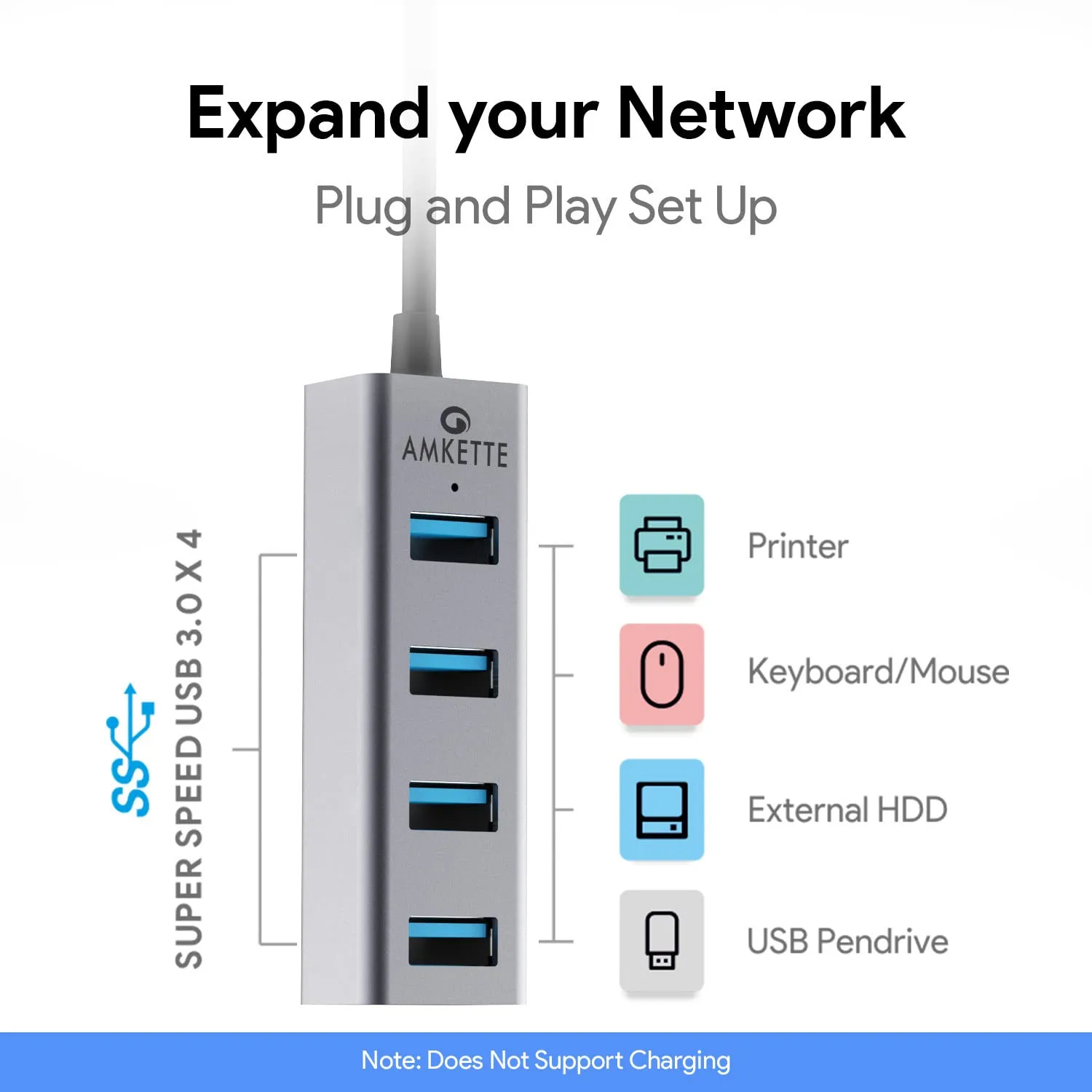 Amkette Type-C 4 Port USB 3.0 Hub (Grey) overview 1