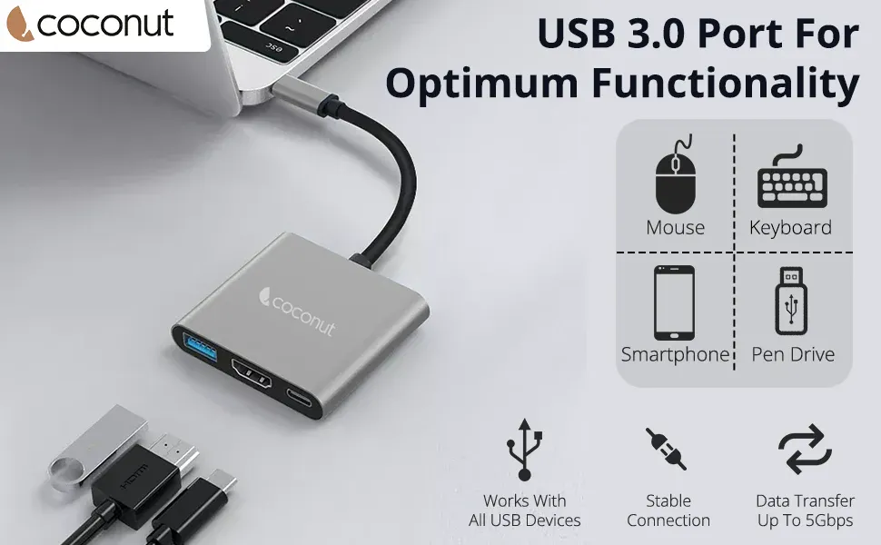 Coconut 3 in 1 Dock A - Type C to HDMI + USB3.0 + USB C USB C Hub overview 1