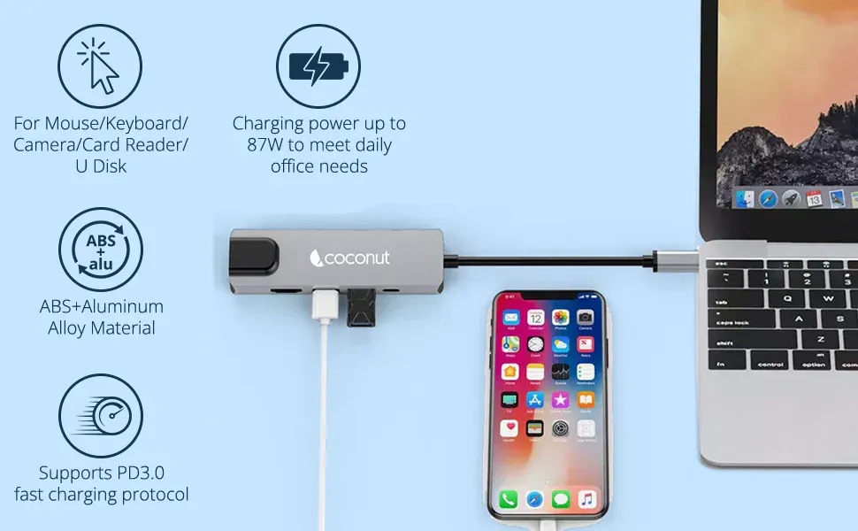 Coconut 5 in 1 Dock A - Type C to RJ 45+HDMI+2*USB+PD | USB C Hub | Plug &amp; Play | Portable Design overview 1