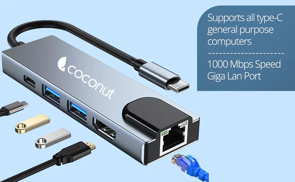 Coconut 5 in 1 Dock A - Type C to RJ 45+HDMI+2*USB+PD | USB C Hub | Plug &amp; Play | Portable Design overview 2