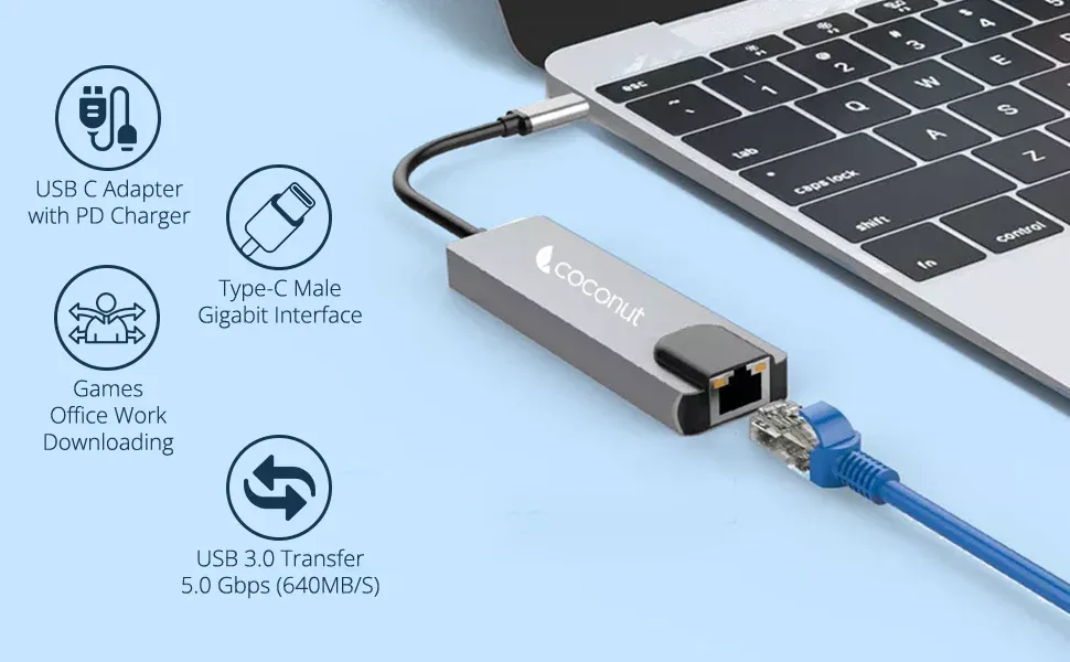 Coconut 5 in 1 Dock A - Type C to RJ 45+HDMI+2*USB+PD | USB C Hub | Plug &amp; Play | Portable Design overview 3