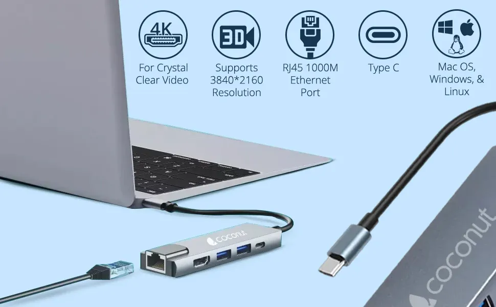 Coconut 5 in 1 Dock A - Type C to RJ 45+HDMI+2*USB+PD | USB C Hub | Plug &amp; Play | Portable Design overview 4