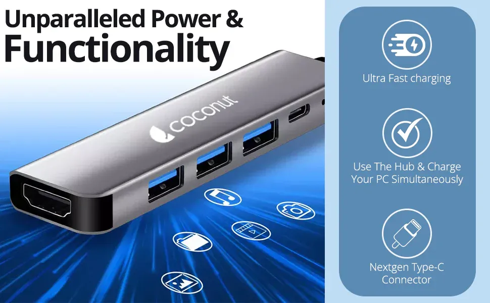 Coconut 5 in 1 Dock B - Type C To Hdmi+3*Usb+Pd | Usb C Hub | Plug &amp; Play| Portable Design overview 1