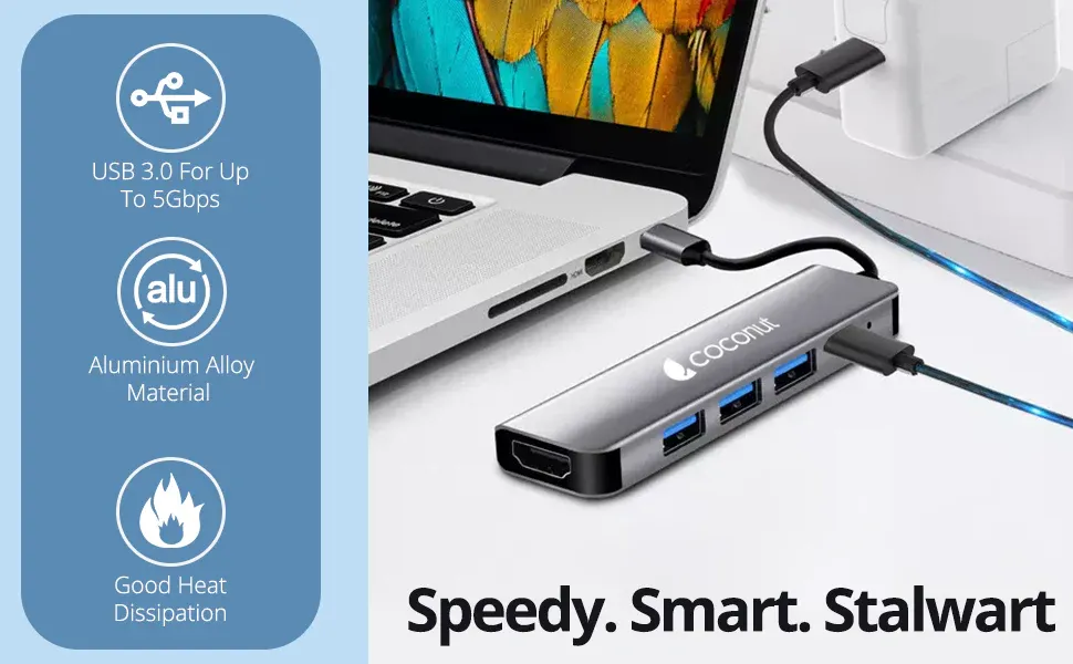Coconut 5 in 1 Dock B - Type C To Hdmi+3*Usb+Pd | Usb C Hub | Plug &amp; Play| Portable Design overview 2