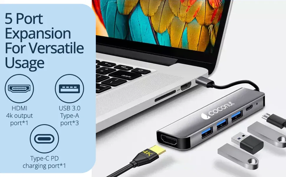 Coconut 5 in 1 Dock B - Type C To Hdmi+3*Usb+Pd | Usb C Hub | Plug &amp; Play| Portable Design overview 3