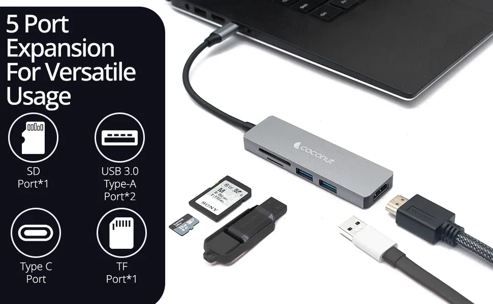 Coconut 5 in 1 Dock C - Type C to HDMI+2*USB+SD+TF | USB C Hub | Plug &amp; Play | Portable Design overview 1
