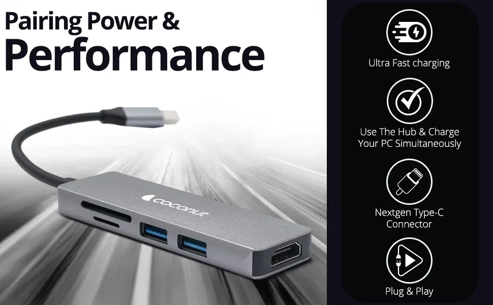 Coconut 5 in 1 Dock C - Type C to HDMI+2*USB+SD+TF | USB C Hub | Plug &amp; Play | Portable Design overview 3