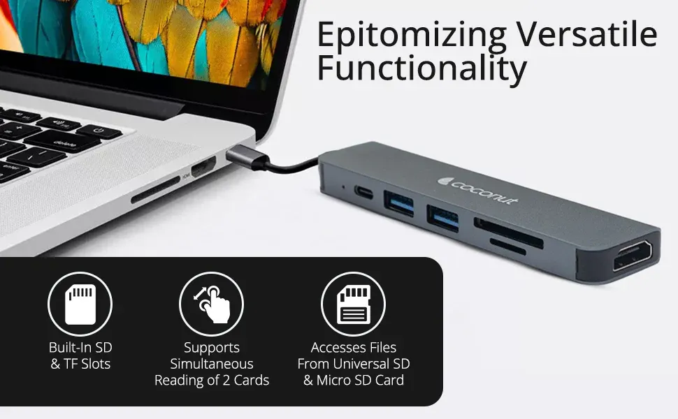 Coconut 6 in 1 Dock A - Type C TO HDMI+SD+TF+2*USB+PD | USB C Hub | Plug &amp; Play | Portable Design overview 2