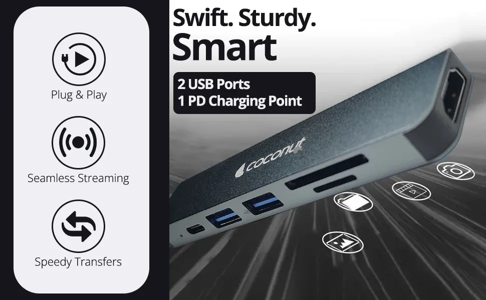 Coconut 6 in 1 Dock A - Type C TO HDMI+SD+TF+2*USB+PD | USB C Hub | Plug &amp; Play | Portable Design overview 3