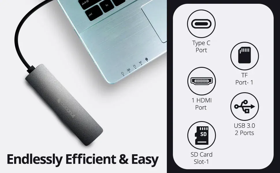 Coconut 6 in 1 Dock A - Type C TO HDMI+SD+TF+2*USB+PD | USB C Hub | Plug &amp; Play | Portable Design overview 4