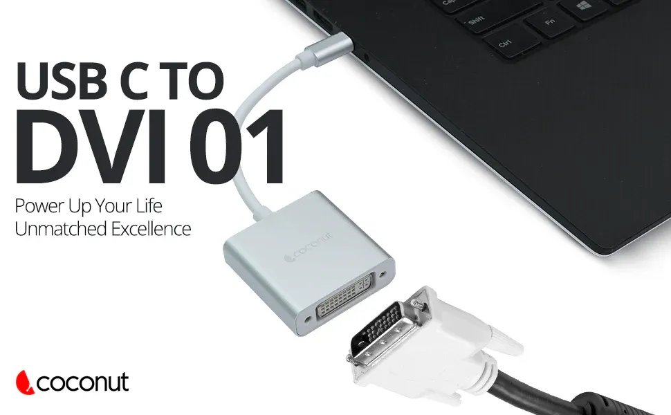 Coconut Type C to DVI Converter Strong Metal Enclosure, High Quality Chipset, Super Portable, 4K Resolution overview 1