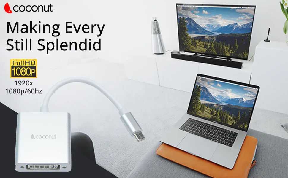 Coconut Type C to DVI Converter Strong Metal Enclosure, High Quality Chipset, Super Portable, 4K Resolution overview 3