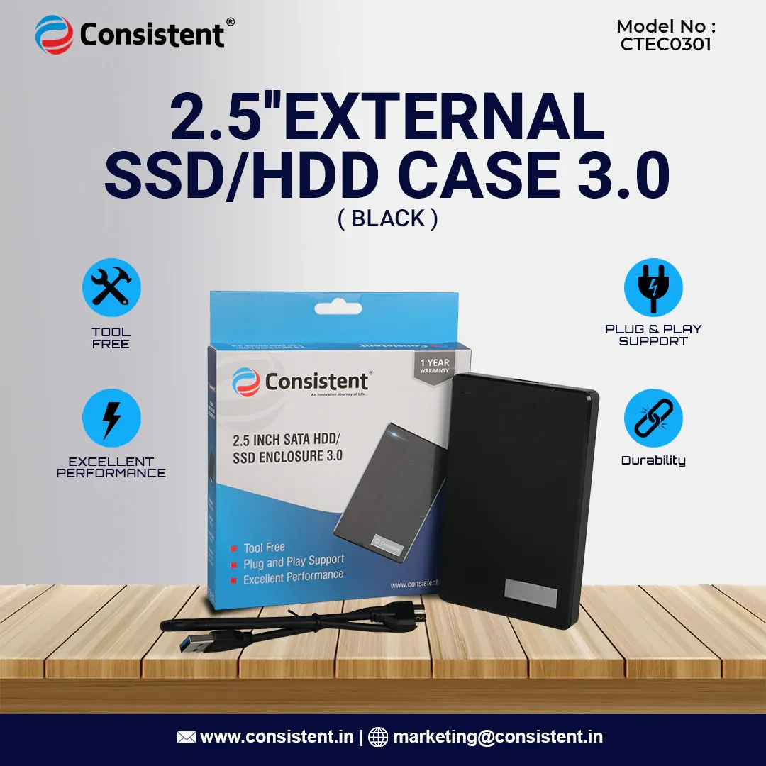 Consistent 2.5ich SATA HDD/SSD Enclosure 3.0 Portable External Hard Disk Enclosure 7 MM and 9.5 MM Tool Free, Supports(Black) overview 1