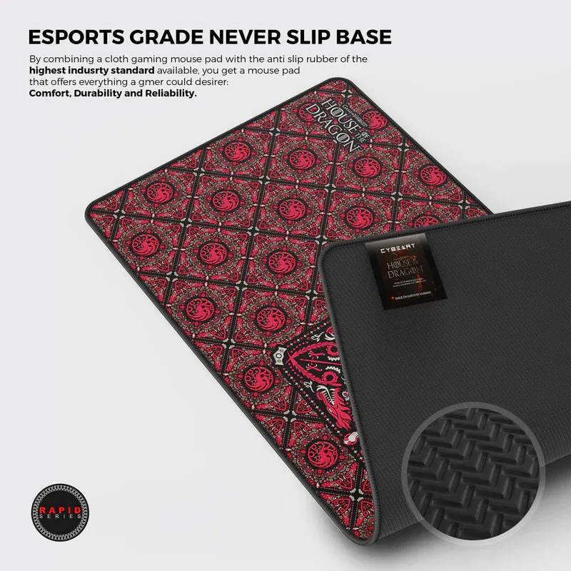 Cybeart | House Targaryen Gaming Desk Mat (XXL - 900x400x4mm) | Waterproof, Never Slip Base, Stitched Edges, Esports Grade overview 3