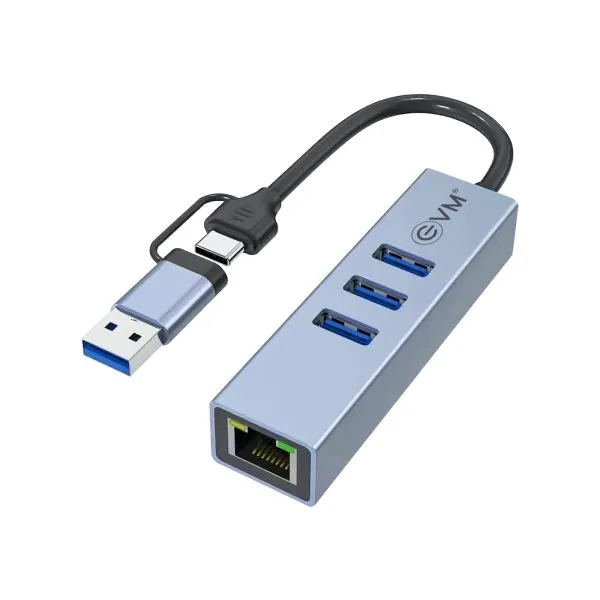 EVM 4in-1 HUB Dual Input Type-C + USB - 3xUSB 3.0 with RJ45 Ethernet Port