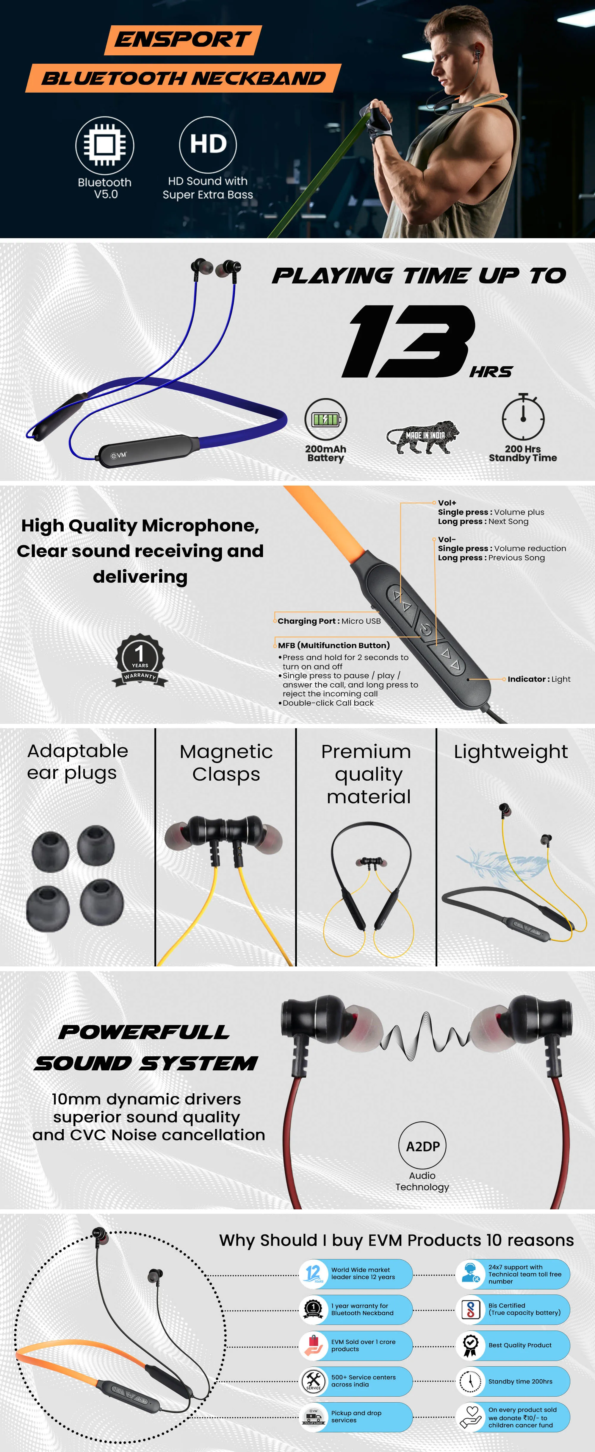 EVM Ensport EVM-NB-027 Bluetooth neckband with A2DP Audio Technology, CVC Noise Cancellation Technology (Black & Brown) overview 1