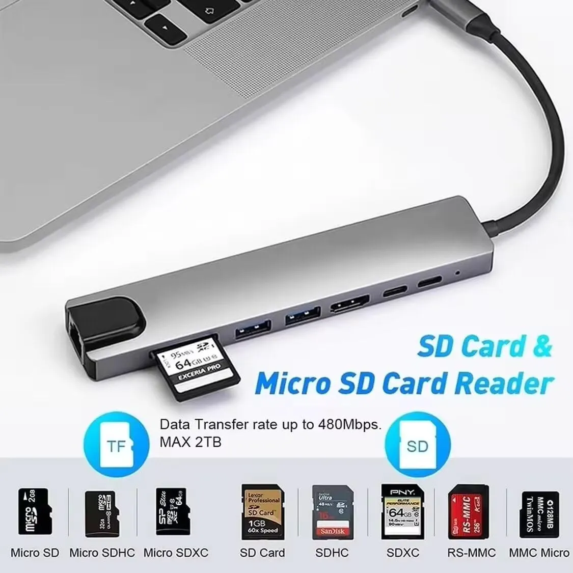 HAMMOK Smash Type C to 8 in 1 USB Hub with 4K 30HZ / HDTV HDMI/USB 3.0/2.0/ PD 100W Charging/Data Transfer/SD/TF / RJ45 Converter Hub for MacBook Laptop Computer Support M1 overview 1