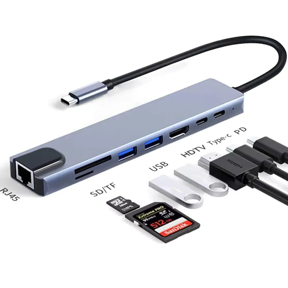 HAMMOK Smash Type C to 8 in 1 USB Hub with 4K 30HZ / HDTV HDMI/USB 3.0/2.0/ PD 100W Charging/Data Transfer/SD/TF / RJ45 Converter Hub for MacBook Laptop Computer Support M1 overview 5