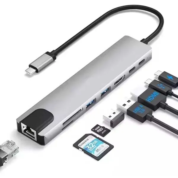 HAMMOK Smash Type C to 8 in 1 USB Hub with 4K 30HZ / HDTV HDMI/USB 3.0/2.0/ PD 100W Charging/Data Transfer/SD/TF / RJ45 Converter Hub for MacBook Laptop Computer Support M1