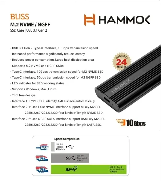 Hammok Bliss M.2 NVME / NGFF SSD Enclosure Case USB 3.1 Gen 2 overview 2