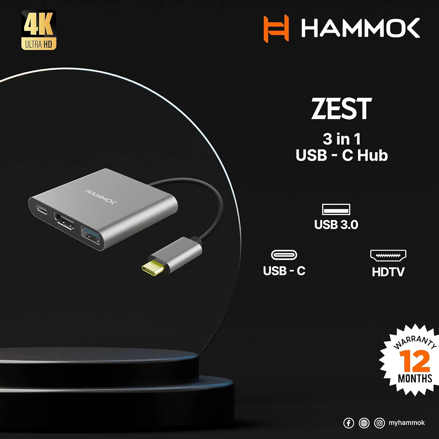 Hammok ZEST TYPE C 3 IN 1 USB Hub (Grey) overview 1