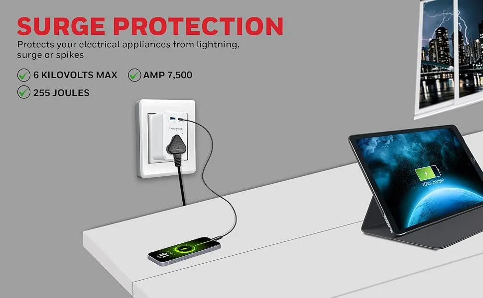 Honeywell 3 Out Surge Cube, Spike Guard, 1 Outlet, PD20W & USB A Port, 7500Amp, Charge On The Go, Device Secure Warranty, Automatic Overload Protection, 3 Years Manufacturer Warranty overview 1