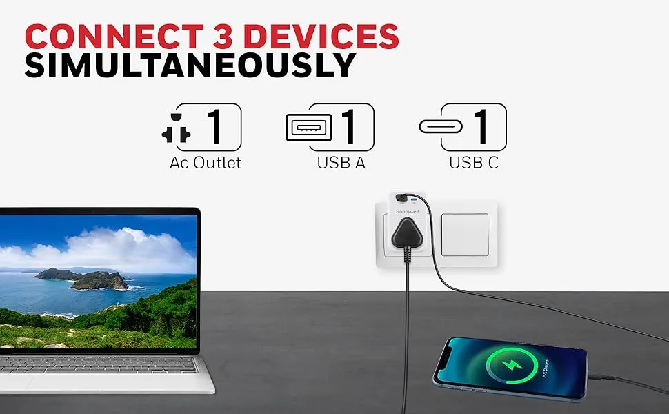 Honeywell 3 Out Surge Cube, Spike Guard, 1 Outlet, PD20W & USB A Port, 7500Amp, Charge On The Go, Device Secure Warranty, Automatic Overload Protection, 3 Years Manufacturer Warranty overview 2