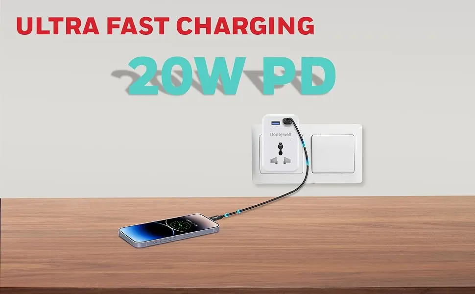 Honeywell 3 Out Surge Cube, Spike Guard, 1 Outlet, PD20W & USB A Port, 7500Amp, Charge On The Go, Device Secure Warranty, Automatic Overload Protection, 3 Years Manufacturer Warranty overview 3