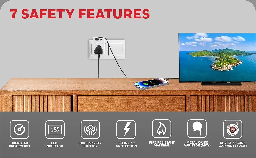 Honeywell 3 Out Surge Cube, Spike Guard, 1 Outlet, PD20W & USB A Port, 7500Amp, Charge On The Go, Device Secure Warranty, Automatic Overload Protection, 3 Years Manufacturer Warranty overview 4