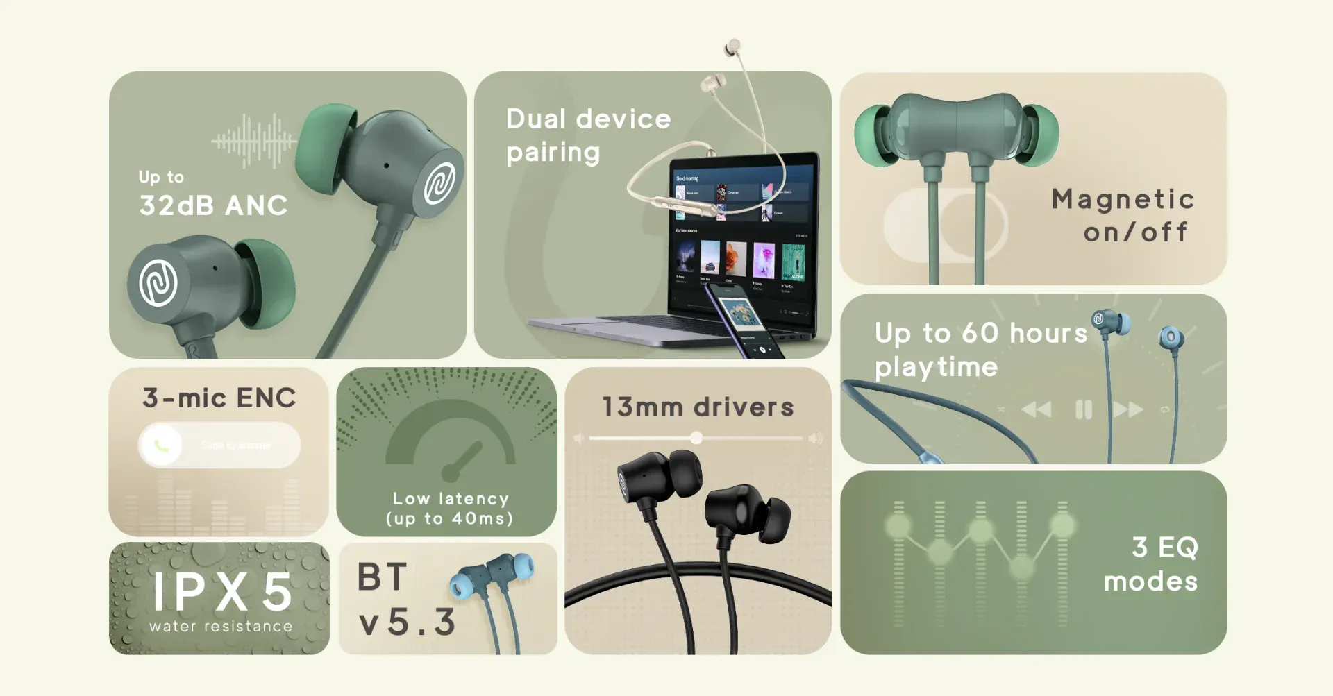 Noise Airwave Pro Bluetooth in Ear Neckband with Upto 32 dB ANC (Metallic Blue) overview 1