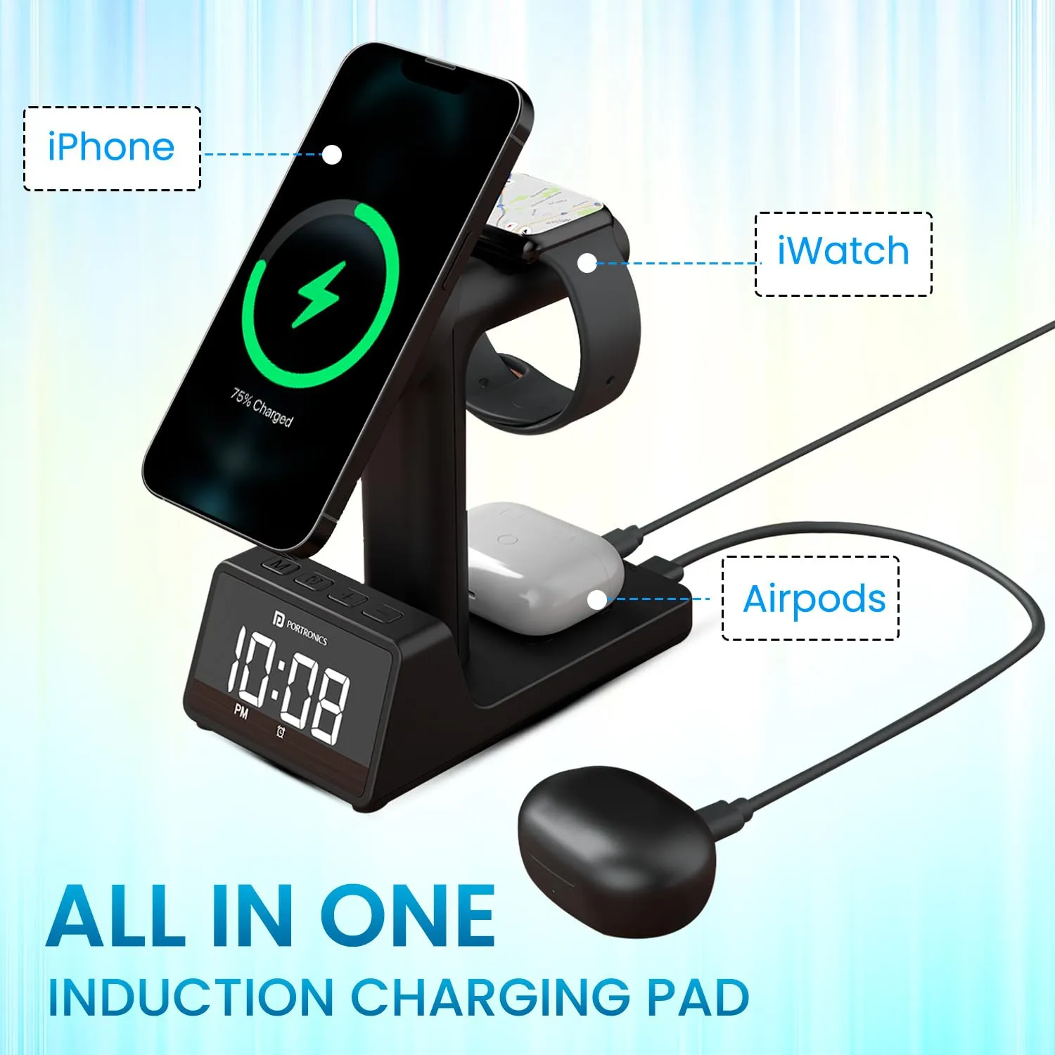 Portronics Bella 2 3 in 1 15W Magnetic Wireless Charging Station with Digital Alarm Clock (Black) overview 4