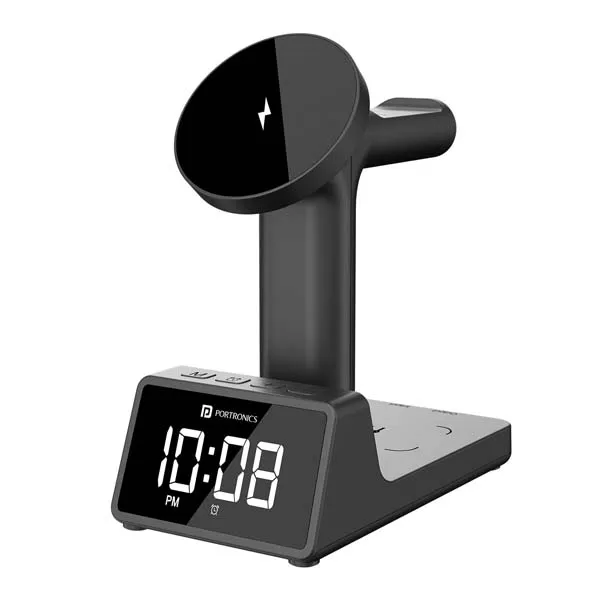 Portronics Bella 2 3 in 1 15W Magnetic Wireless Charging Station with Digital Alarm Clock (Black)