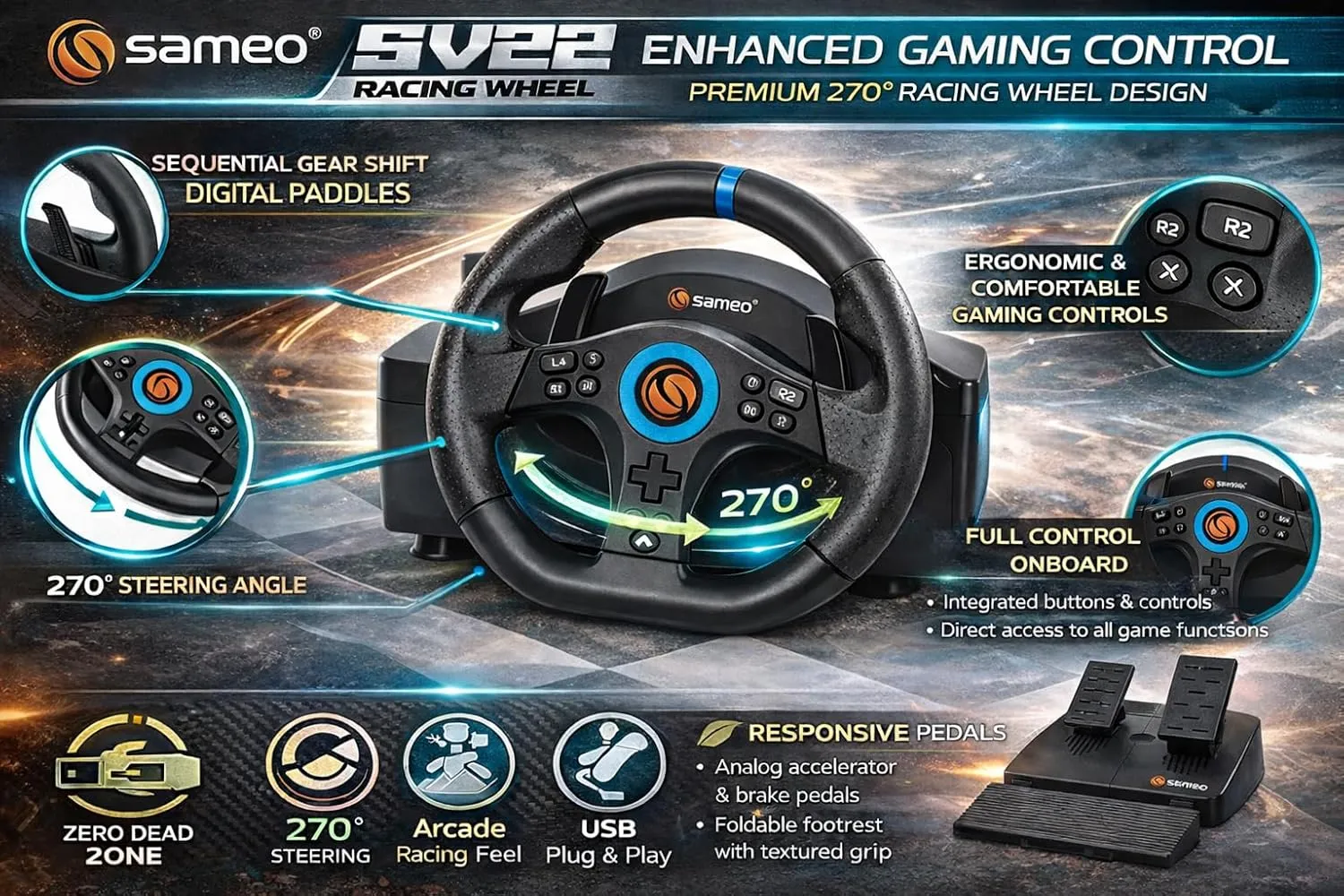 Sameo SV22 Racing Wheel with Pedals overview 1
