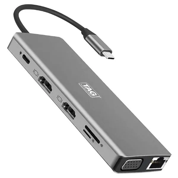 TAG 12 in 1 USB Type C Multiport Hub | 2 4K HDMI, 4 USB 3.0/2.0 Ports, VGA, 100W PD Charging, SD/TF Card Reader, RJ45 Ethernet, 3.5mm Audio | 5Gbps Speed | Supports PC, Macbook Pro Air, Laptop, Tablet