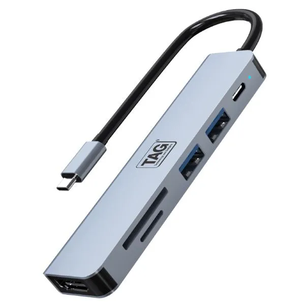 TAG 6 in 1-A Type C Multiport Hub | 4K HDMI Port | USB 3.0/2.0 Ports | 100W Type C PD Charging | SD/TF Card Reader | Metal Body | 5Gbps Transfer Speed | Supports PC, Macbook Pro Air, Laptops, Tablets