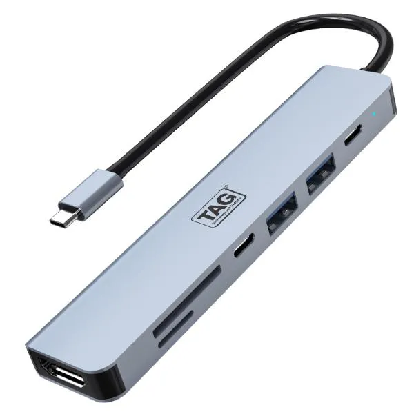 TAG 7 in 1-A Type C Multiport Hub | 4K HDMI Port | USB 3.0/2.0 Ports | 100W PD Charging | USB Type C Data Port |SD/TF Card Reader | Compact Metal Body | Supports PC, Macbook Pro Air, Laptops, Tablets