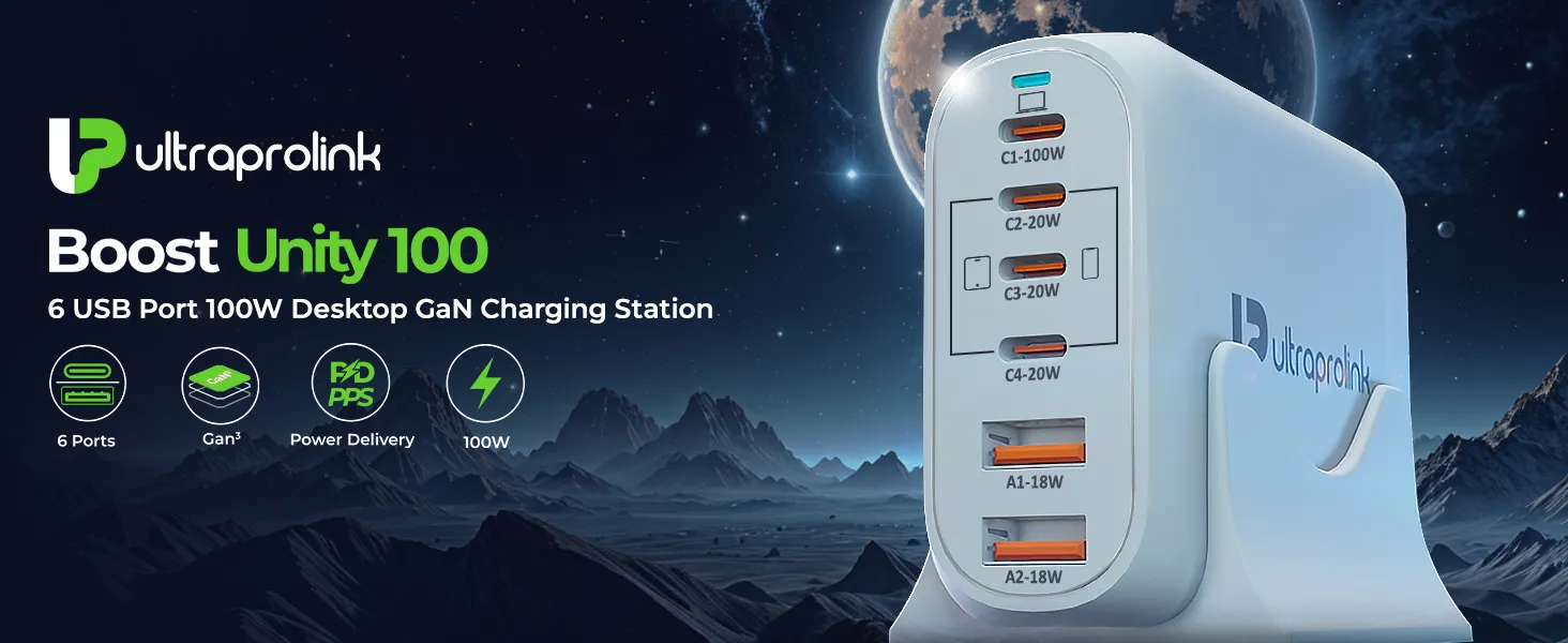 UltraProlink Boost Unity 100 UM1182 6 USB Port 100W Desktop GaN Charging Station overview 1