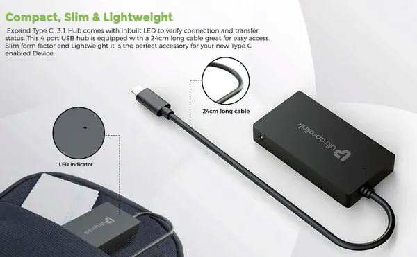Ultraprolink iExpand USB Type C 3.1 (Gen 1) to USB-A 3.0 Hub 4 Port Expander UL1054 overview 3