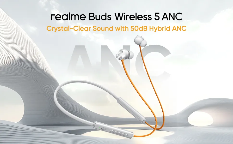 realme Buds Wireless 5 ANC in Ear Bluetooth Neckband Earphone,50dB ANC, 13.6mm Dynamic Bass Driver,360° Spatial Audio,45ms Low Latency,Upto 38hrs Playback,IP55 Rating,Dual Device Connection (Midnight Black) overview 1