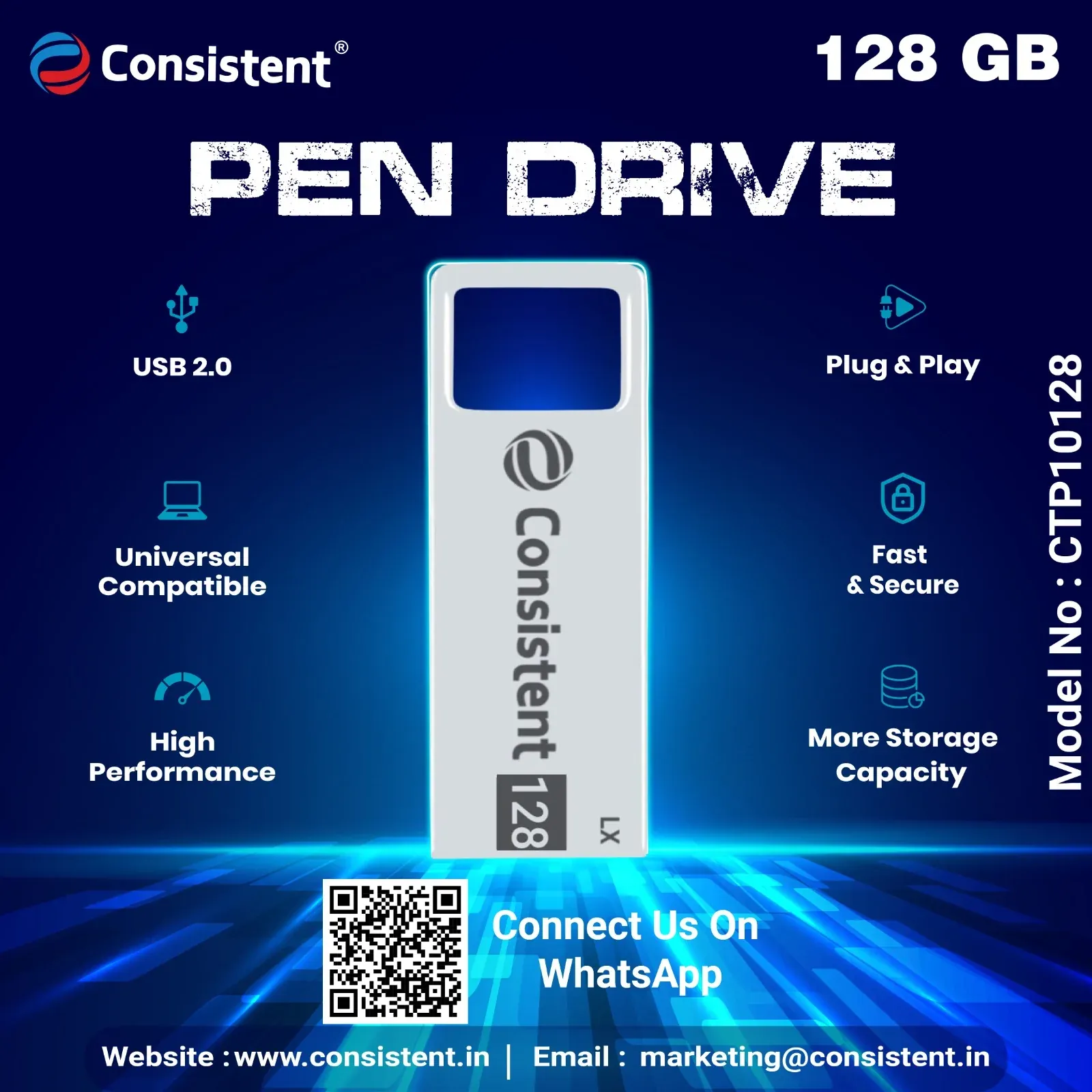 Consistent 128 GB Pen Drive 2.0 (Grey) 5 Year Warranty overview 1